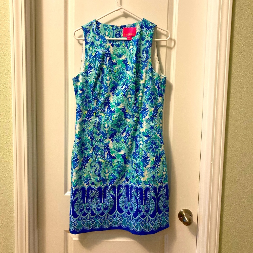 Lilly Pulitzer Mika Stretch Shift Dress -Sea Glass Aqua Seeing Double Sz 10 NWOT